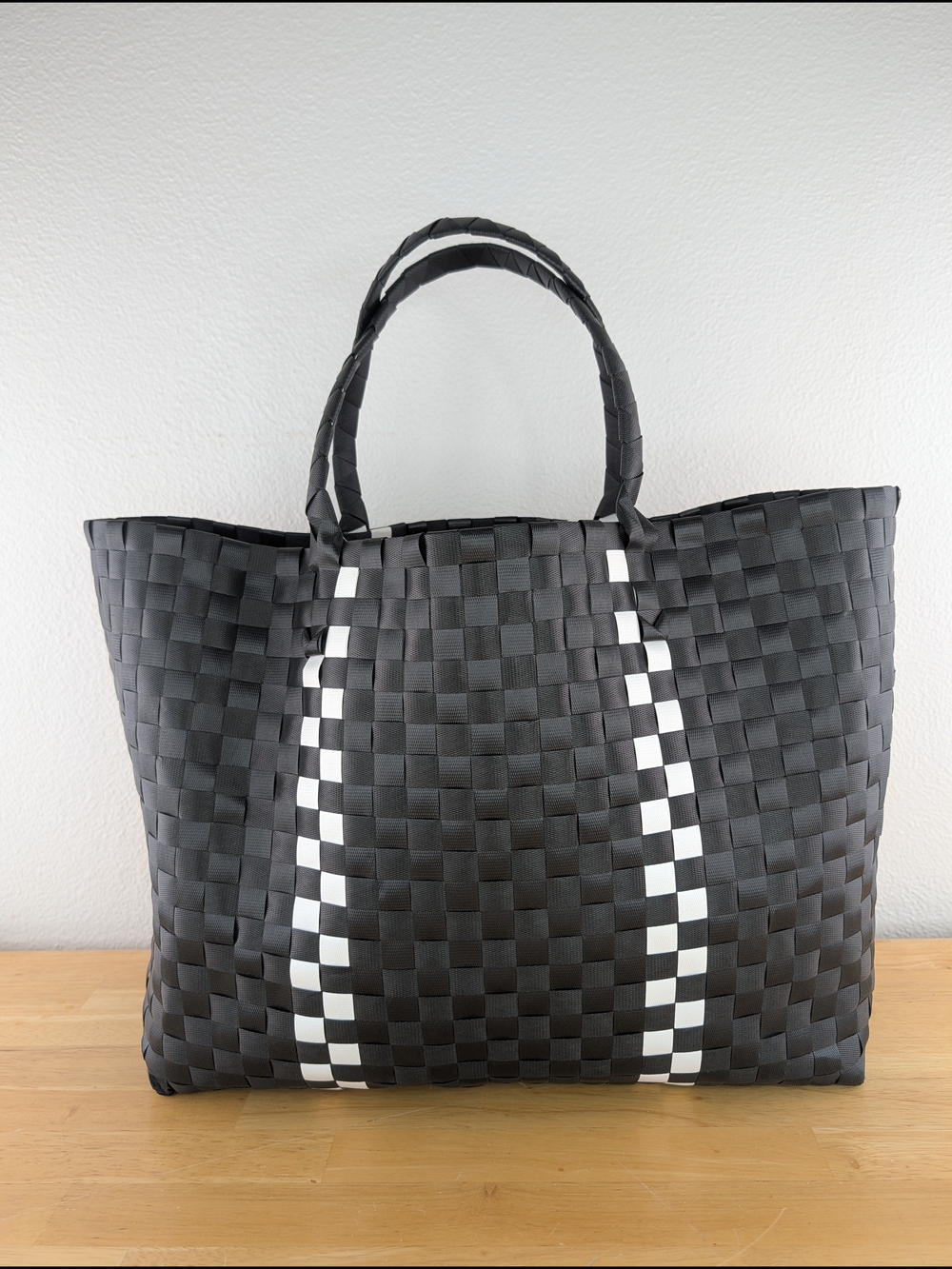 Kate Spade Black White Checker Stripe Basket Weave Woven Tote Bag Beach Shopping - Picture 5 of 16